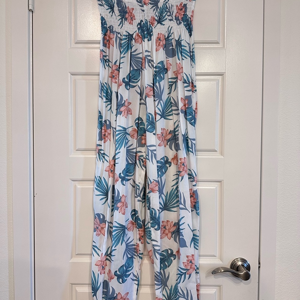 Floral Print Wide Leg Jogger - White and Green